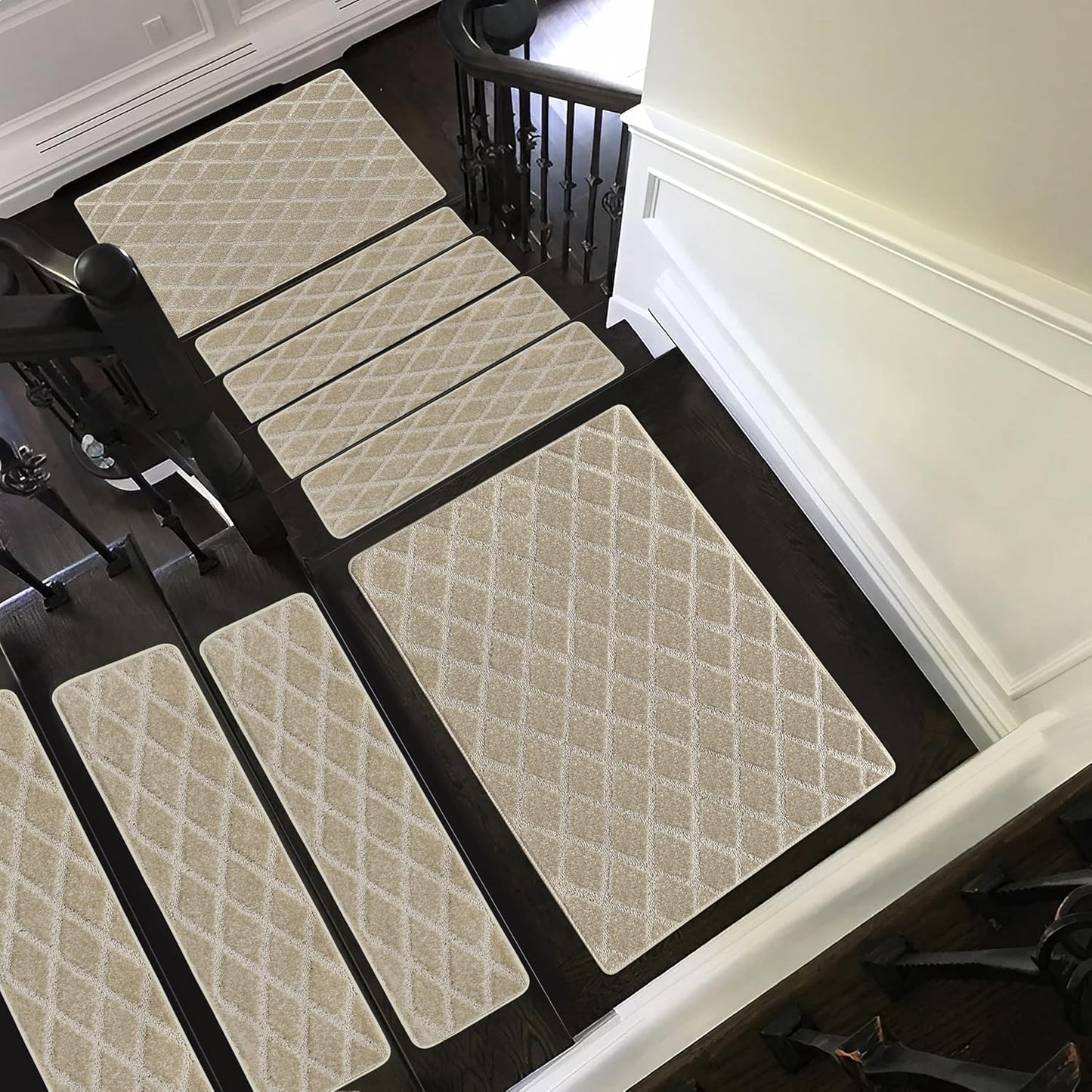 PURE ERA Bullnose Carpet Stair Treads Set Tape Free Non-Slip Indoor Stair Protectors Pet Friendly Rugs Covers Soft Skid Resistant Washable Reusable 9.5" x 30"(14 Pieces,Cream Gray)