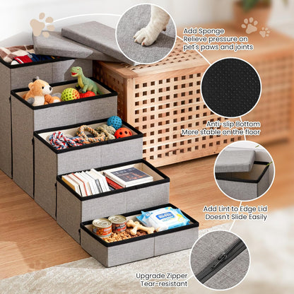 Love's cabin Dog Stairs with Storage 13" H, Foldable Pet Stairs for Small Medium or Large Dogs, Cat Puppy Steps Ramp with Zip up to 150 lbs, Solid Grey, 2 Steps