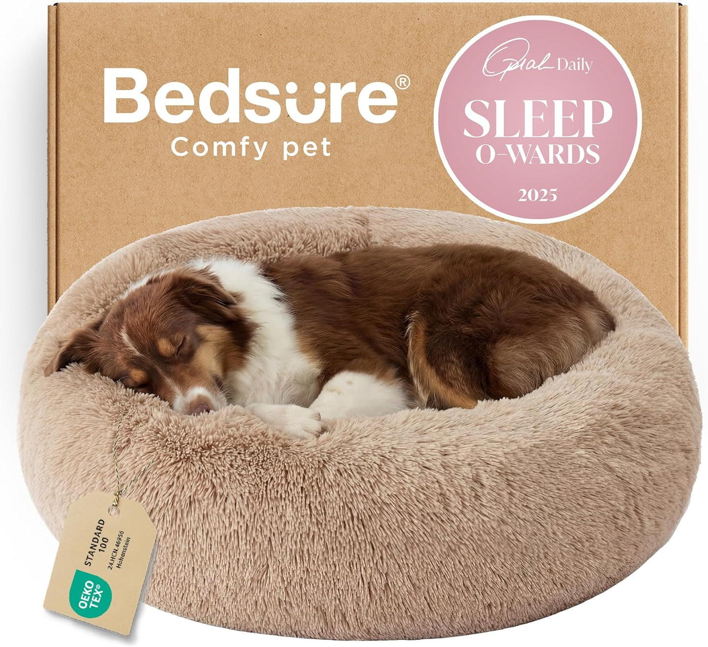 Bedsure Calming Dog Bed Medium Size Dog - Donut Washable Medium Pet Bed, 30 inches Anti-Slip Round Fluffy Plush Faux Fur Cat Bed, Fits up to 45 lbs Pets, Camel