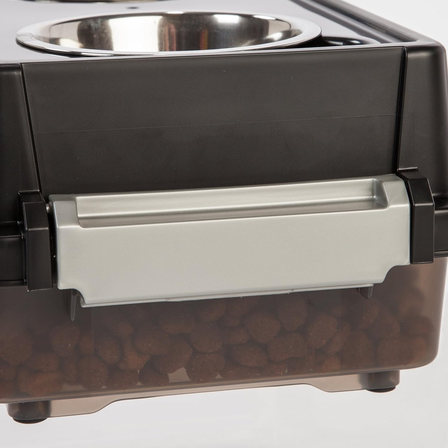 IRIS USA Dog Bowls Elevated with Storage, 15" H Raised Feeding Station, Dog Bowl Stand with Airtight Food Storage Holds 47 lbs, 2 Removable 64 oz Stainless Steel Bowls for Large Dogs, Smoke/Black