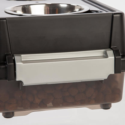 IRIS USA Dog Bowls Elevated with Storage, 15" H Raised Feeding Station, Dog Bowl Stand with Airtight Food Storage Holds 47 lbs, 2 Removable 64 oz Stainless Steel Bowls for Large Dogs, Smoke/Black