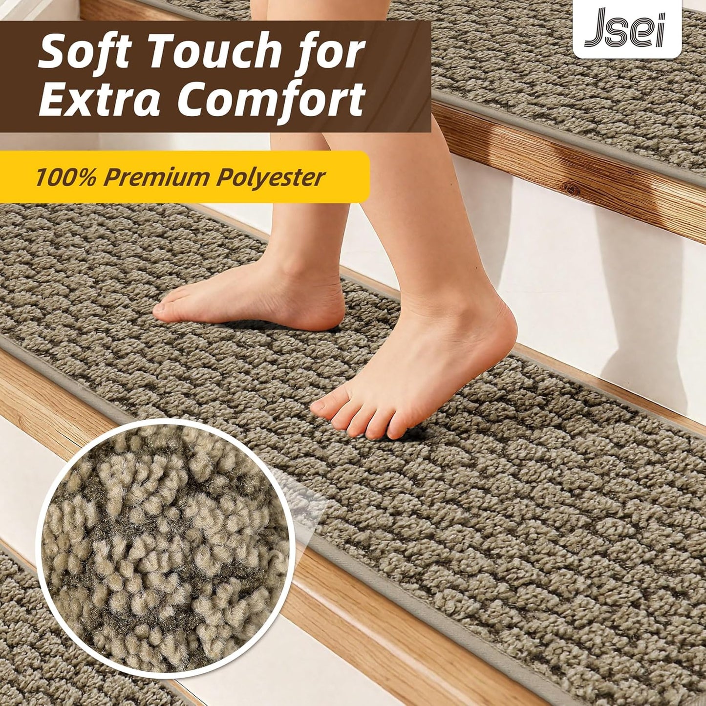 JSEI Stair Treads for Wooden Steps, 14 Pack 9" X 28" Non-Slip Machine Washable Carpet Stair Treads with TPE Backing, Soft Indoor Stair Rug Runner for Kids Elders & Pets, 100% Polyester, Greyish Brown