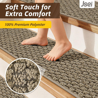 JSEI Stair Treads for Wooden Steps, 14 Pack 9" X 28" Non-Slip Machine Washable Carpet Stair Treads with TPE Backing, Soft Indoor Stair Rug Runner for Kids Elders & Pets, 100% Polyester, Greyish Brown