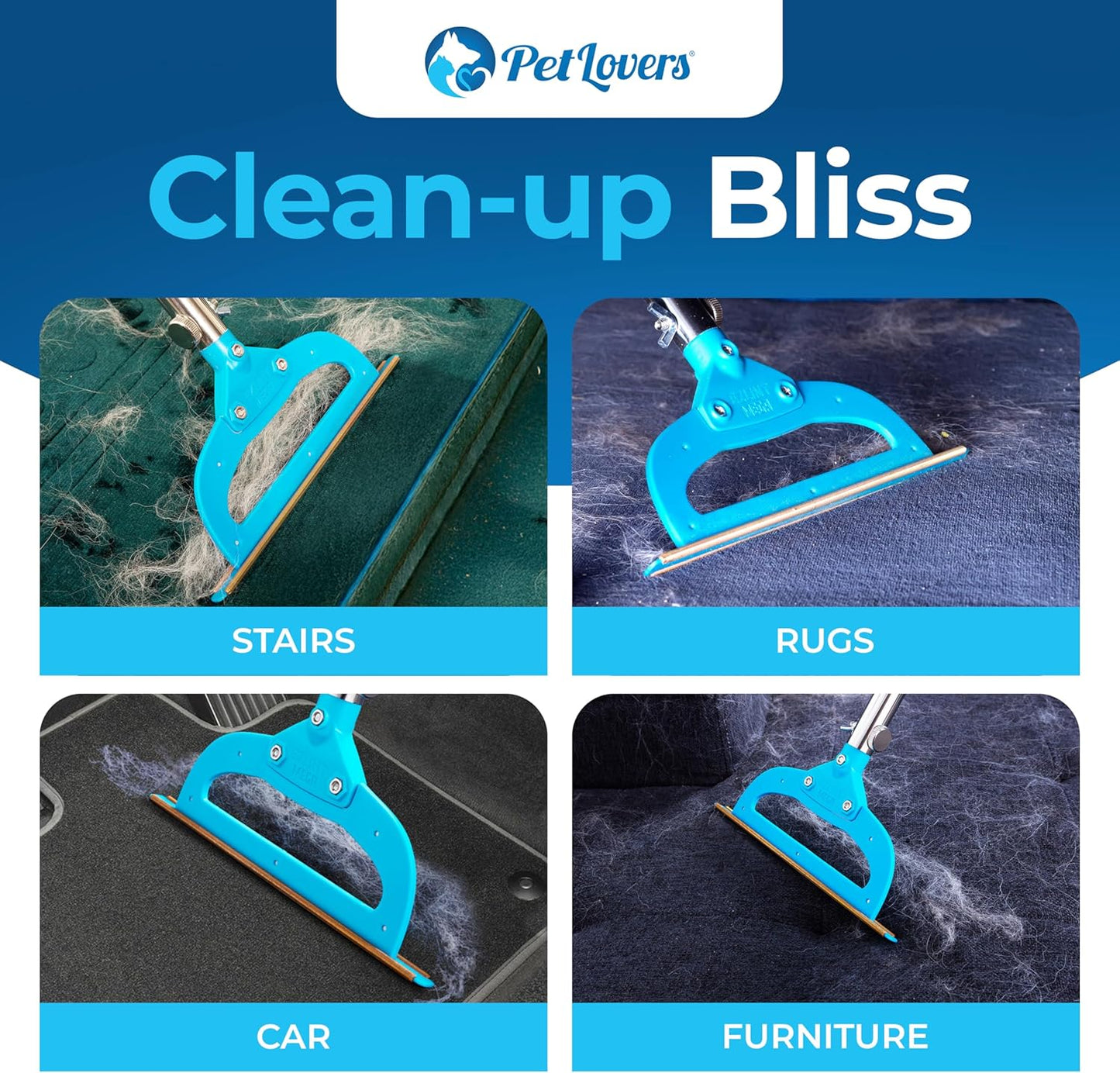 PetLovers EzLint Mega 52" Carpet Rake & Pet Hair Removal Tool – Dog & Cat Hair Remover Broom with Adjustable Handle & Extra Wide Head for Carpets, Rugs & Stairs Ocean Blue