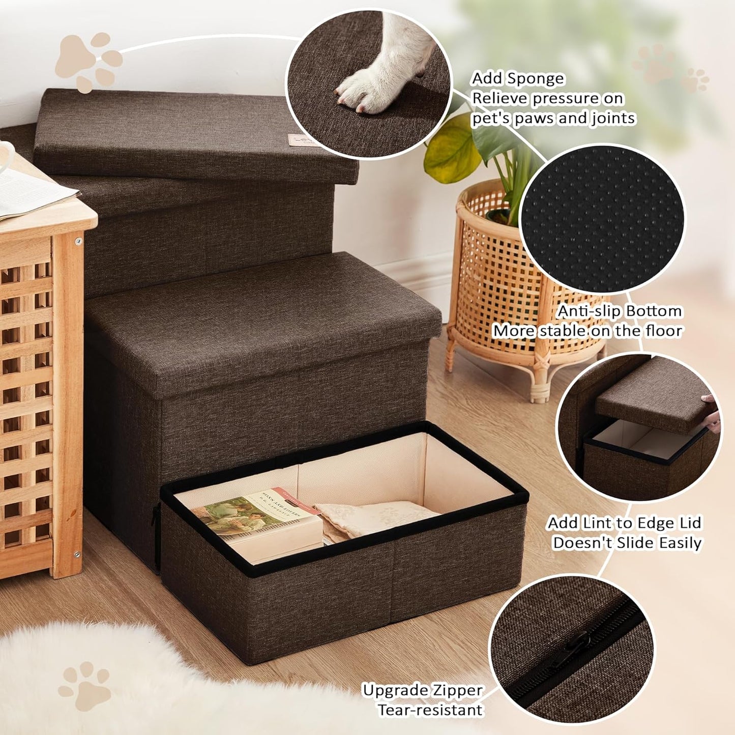 Love's cabin Dog Stairs with Storage 13" H, Foldable Pet Stairs for Small Medium or Large Dogs, Cat Puppy Steps Ramp with Zip up to 150 lbs, Solid Grey, 2 Steps