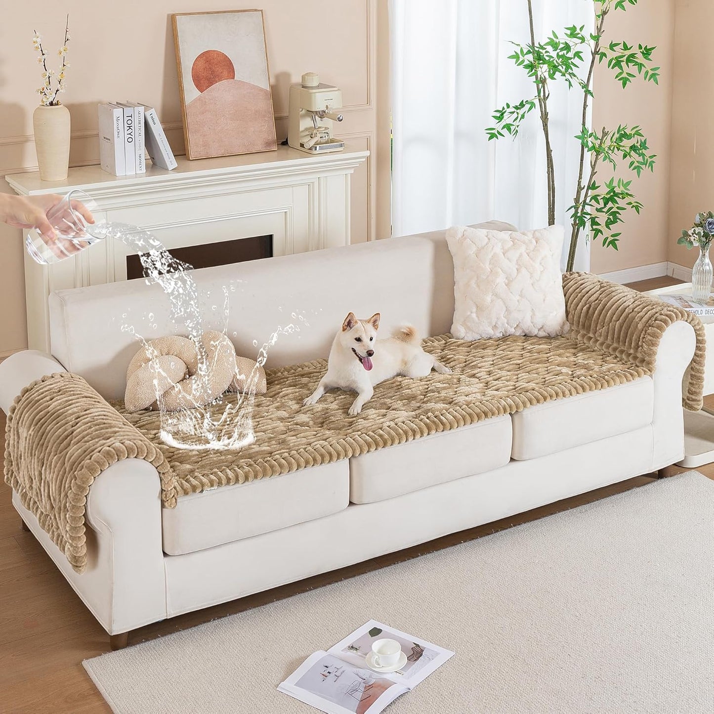 PuTian 100% Waterproof Fuzzy Couch Cover for Dogs Washable Non-Slip Furniture Cover Pet Friendly Dog Mat for Couches and Sofas White 27.6''x59'' 70cmx150cm