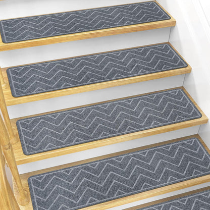 DK177 Stair Treads for Wooden Steps, 15 Pack 8"x30" Non-Slip Indoor Carpet Stair Treads with Reusable Polyester TPE Backing for Kids Elders and Pets (Dark Gray, 15PCS)