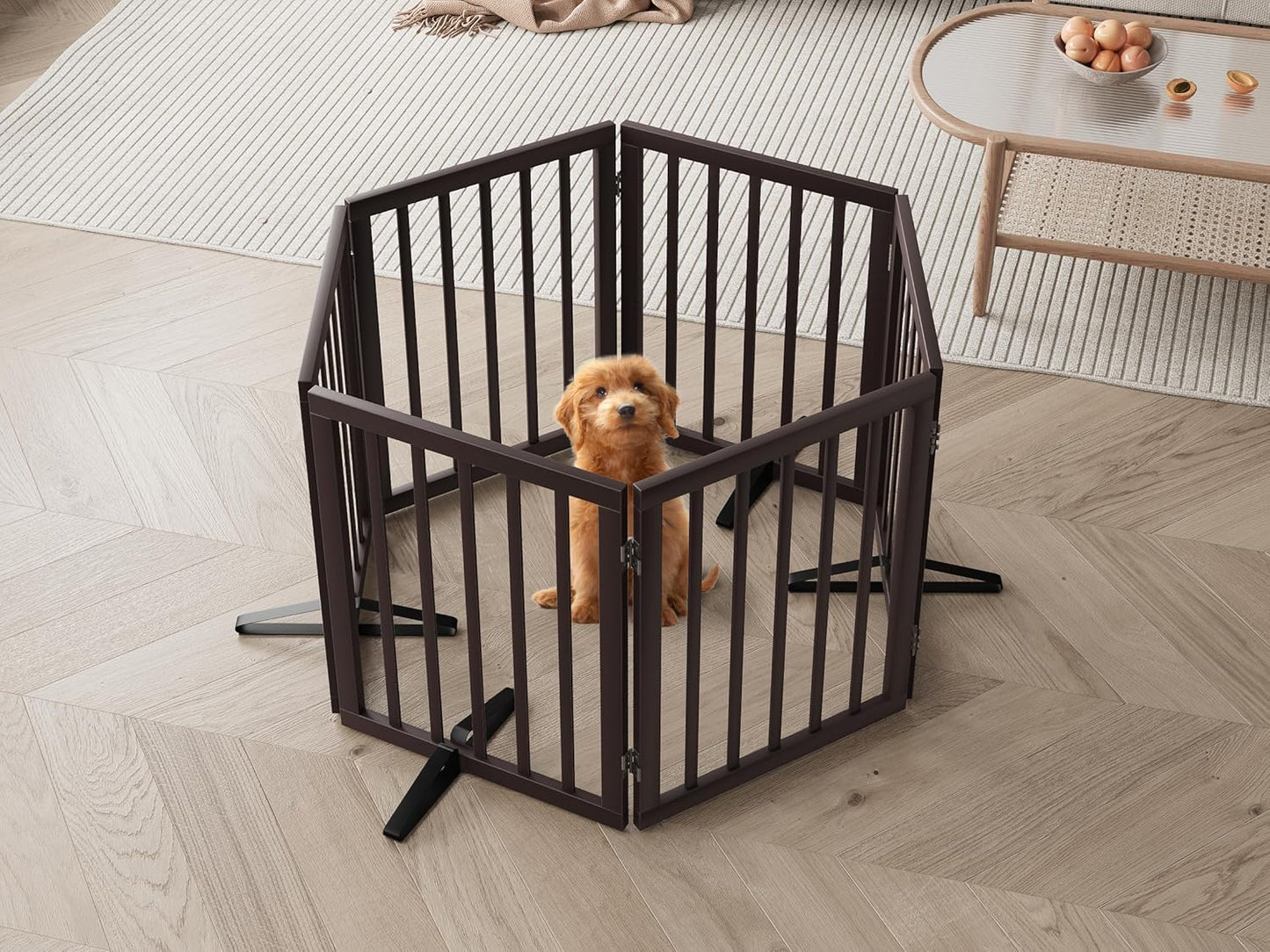 Freestanding Dog Gates Indoor, 3-Panel Pet Gates with 2 Metal Stands and 360° Hinge, 24" H Foldable Dog Gate for Stairs, Doorway, Kitchen, Expands Up to 55" Fully Assembled - Black Walnut
