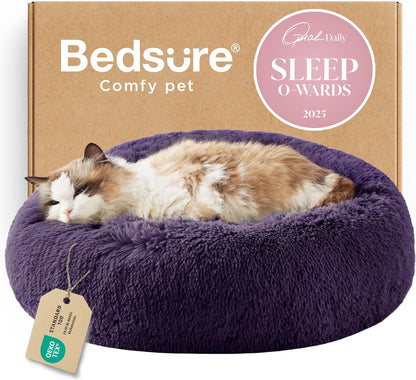 Bedsure Calming Dog Bed Medium Size Dog - Donut Washable Medium Pet Bed, 30 inches Anti-Slip Round Fluffy Plush Faux Fur Cat Bed, Fits up to 45 lbs Pets, Camel