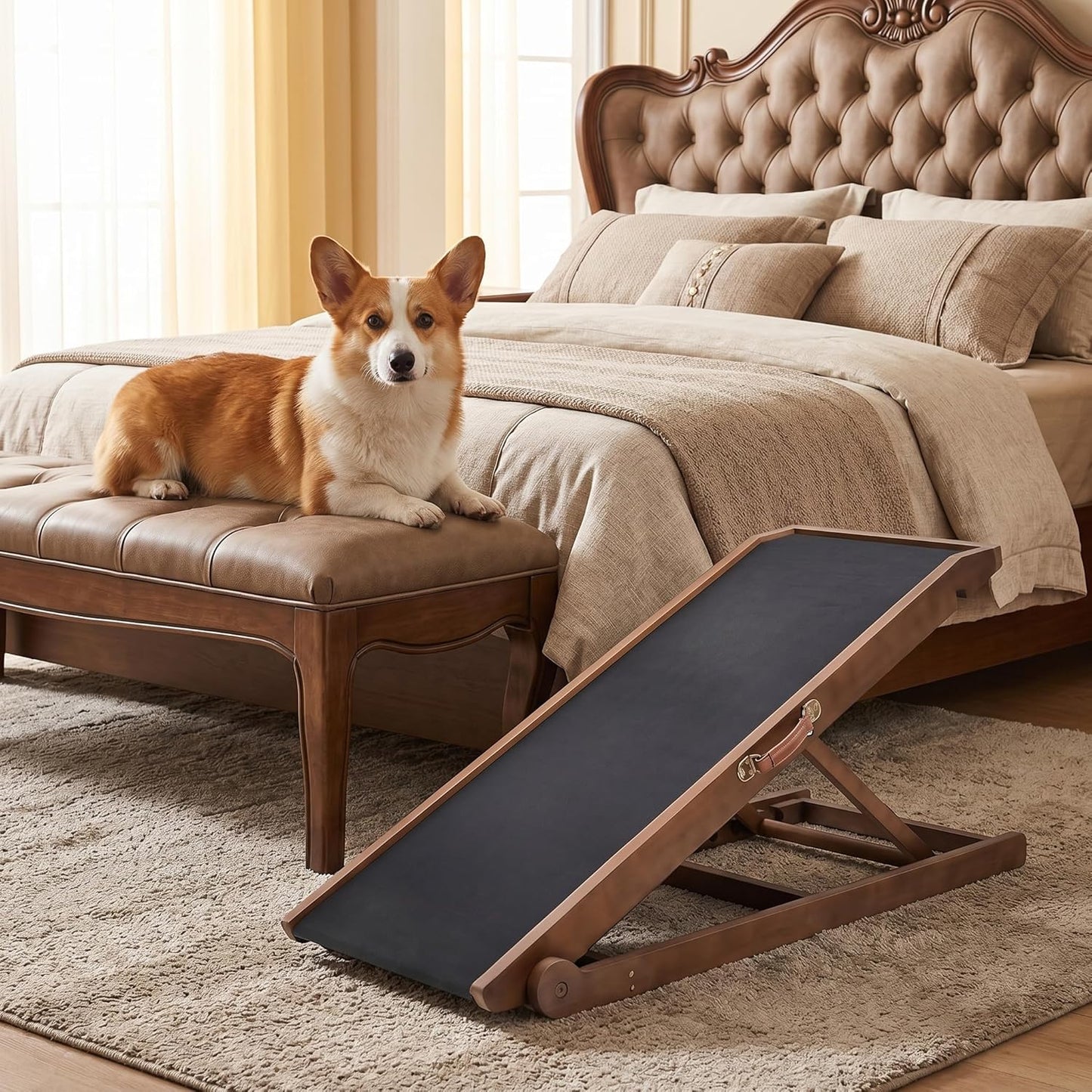 Dog Ramp for Bed, Adjustable Pet Ramps for Dog to Get on Bed, Non-Slip Rubber Surface - Folding Wooden Dog Ramp for Small/Large/Old Dogs, Adjustable up to 27.5 inch High Beds, Safety Railings