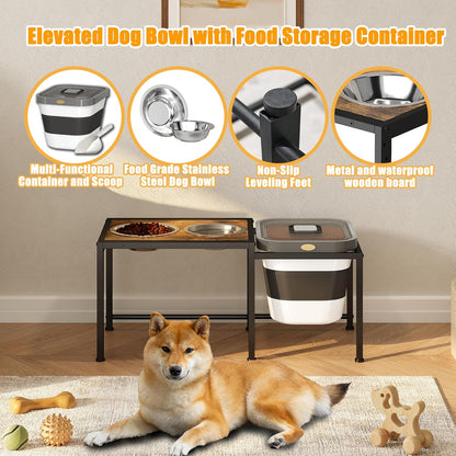 Elevated Dog Bowls with Storage Container ，Raised Dog Bowls for Large Dogs，15-18 lb Airtight Dog Food Storage Container, Adjustable Height Feeding Station