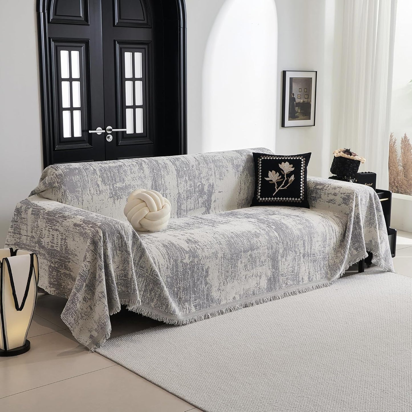 MYSKY HOME Couch Cover for Dogs, Washable Couch Covers, Non Slip Sofa Cover, Couch Cover 2 Cushion Sofa Dogs Furniture Protector with Tassels, Chenille Sofa Slipcover for Pets, 71"x118", Dark Grey