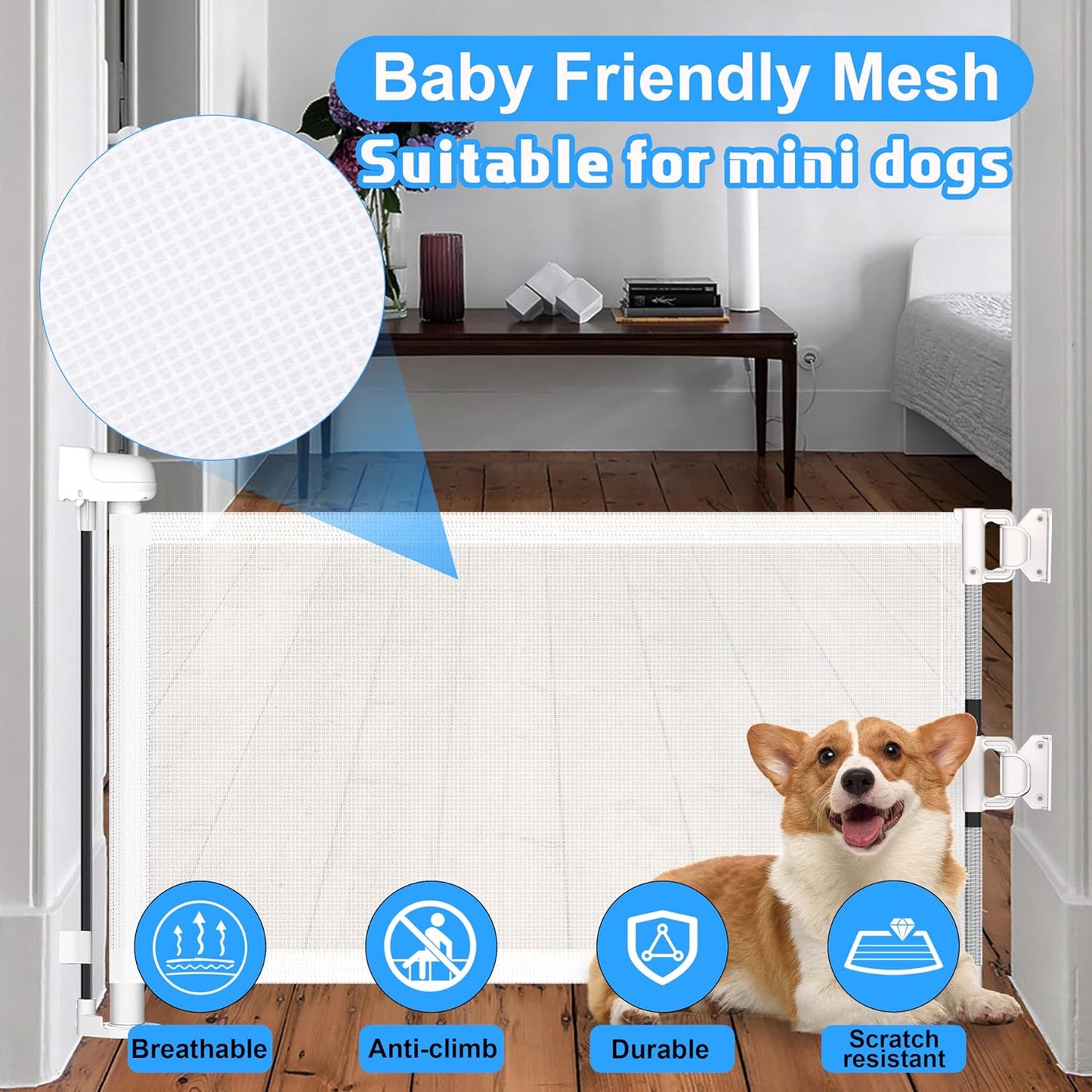 2 Pack Short Dog Gate Pet Gates Puppy Gate 14" H 59" Wide Step Over Pet Fence, Mesh Retractable Indoor Outdoor Expands Up to 59 Inches Small Dog Gates for Doorways Stairs