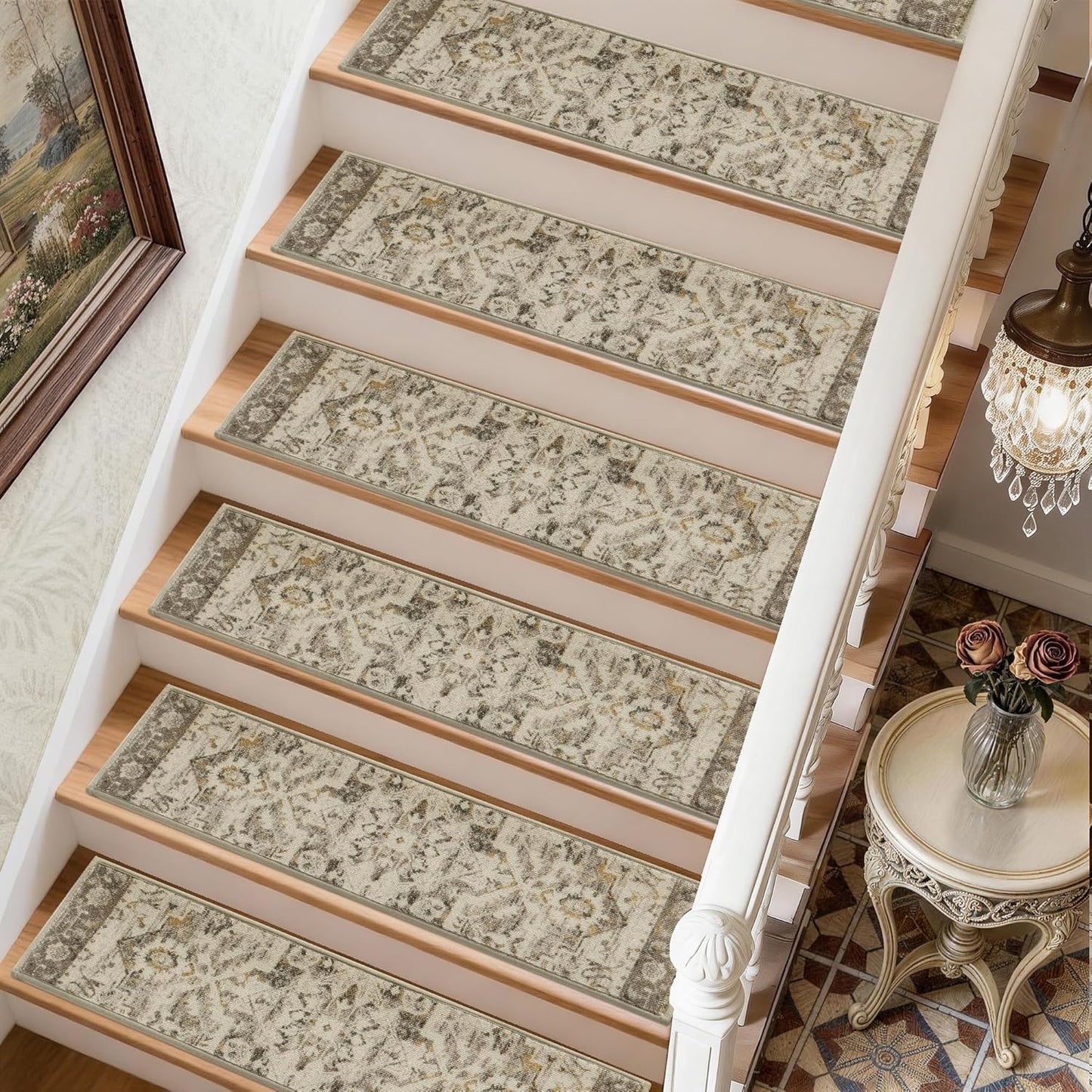 COSY HOMEER-Stair-Treads-for-Wooden-Steps Washable Indoor Stair Treads Non Slip 8" X 30" Soft Stair Carpet Treads Reusable Peel and Stick Stair Runner Rug for Kids, Elders and Pets 15pcs