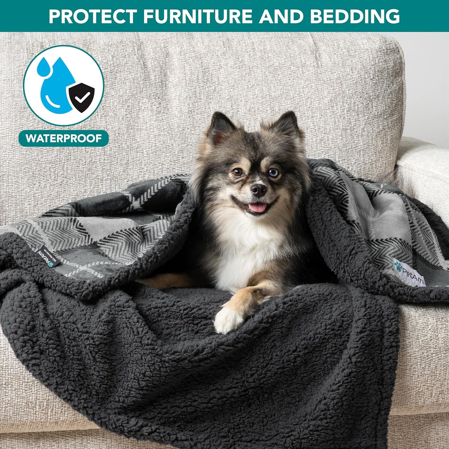 PetAmi Waterproof Dog Blanket for Couch, Large 60x40, Pee Proof Sherpa Fleece Reversible Pet Throw, Furniture Protector for Bed Sofa Kennel, Soft Washable Cover for Medium Dogs Cats, Grey Sherpa