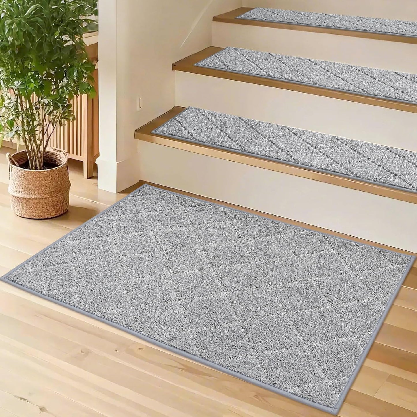 COSY HOMEER Edging Stair Treads Non-Slip Carpet Mat 28inX9in Indoor Stair Runners for Wooden Steps, Edging Stair Rugs for Kids and Dogs, 100% Polyester TPE Backing (7pc, Beige)
