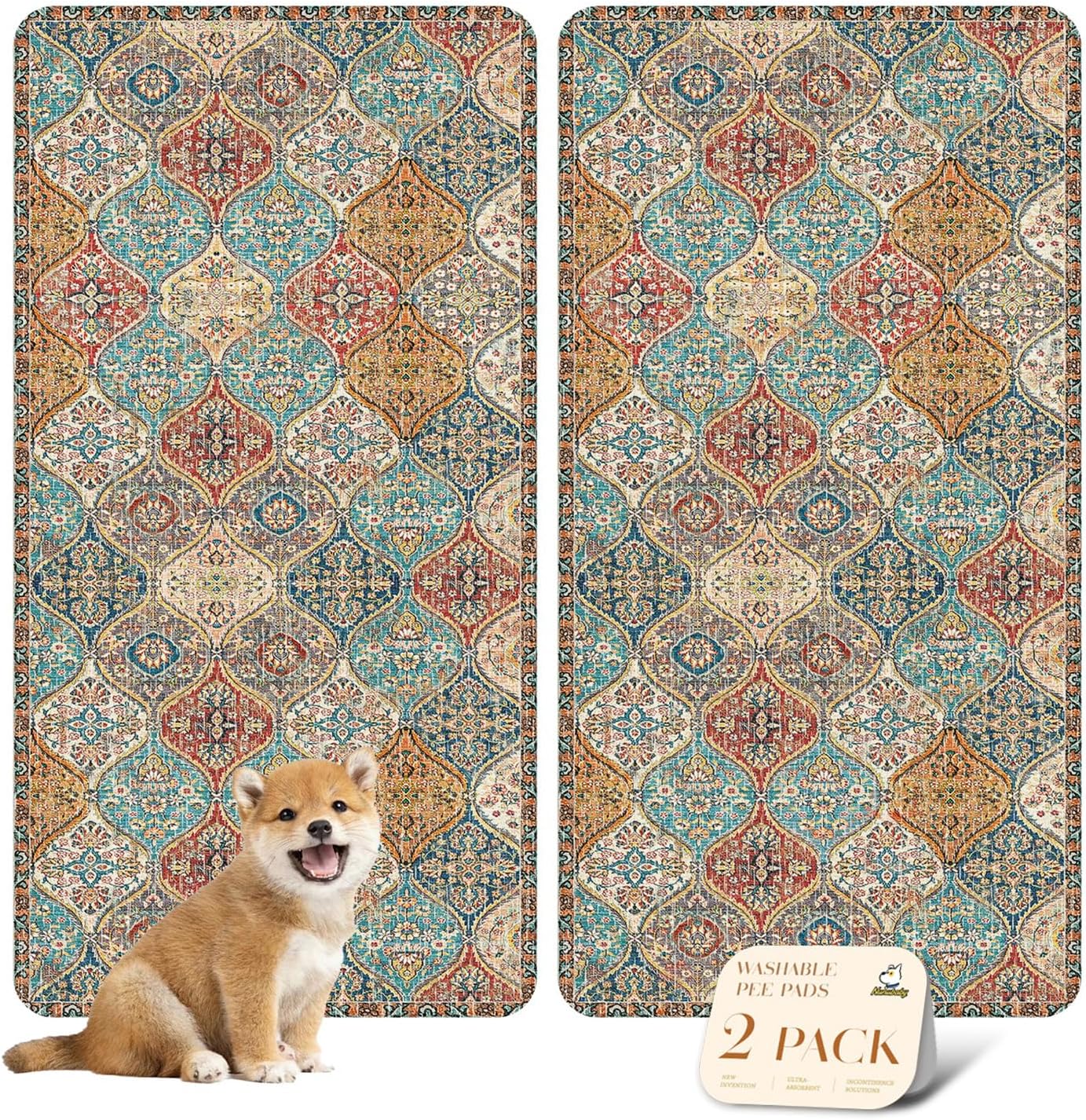 nunubaby Washable Pee Pads for Dogs, Stylish, Non-Slip and Leak-Proof Pee Pads. Reusable Potty Pads for Dogs for Crates and Floors.(Beige/Multi, 24" x48" )