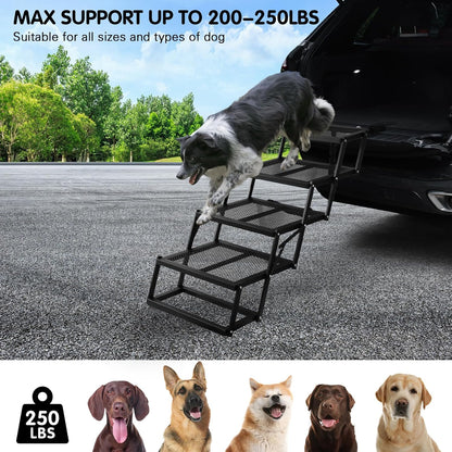 DGSL Dog Ramp for Car, 4-Step Folding Dog Stairs, Aluminum, Black, Supports Up to 250 Lbs