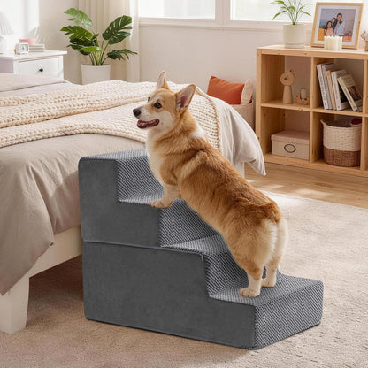 Dog Stairs, Steps and Ramp for High Bed & Sofa, 13-24" H Detachable Pet Stairs for Small Medium Dogs, Sturdy 40D Foam, Non-Slip, Washable Cover with Lint Roller, Grey