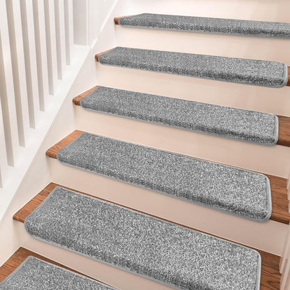 PURE ERA Bullnose Carpet Stair Treads Set Tape Free Non-Slip Indoor Stair Protectors Pet Friendly Rugs Covers Soft Skid Resistant Washable Reusable 9.5" x 30"(14 Pieces,Cream Gray)