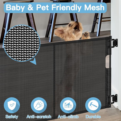 Short Dog Gate 0"-39" Wide Narrow Baby Gate 24” Tall Retractable Short Pet Gate to Step Over Short Baby Gate for Doorway, Low Pet Gate Indoor Doggie Gates Mesh Puppy Gate for Stairs, Black