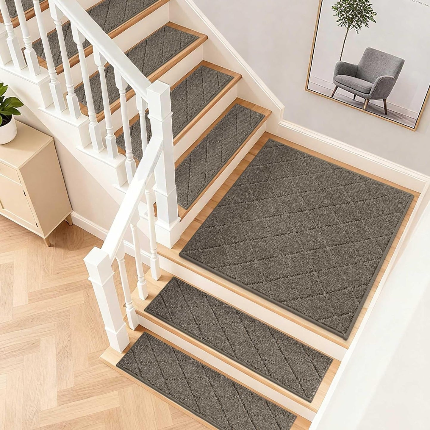 COSY HOMEER Edging Stair Treads Non-Slip Carpet Mat 28inX9in Indoor Stair Runners for Wooden Steps, Edging Stair Rugs for Kids and Dogs, 100% Polyester TPE Backing (7pc, Beige)