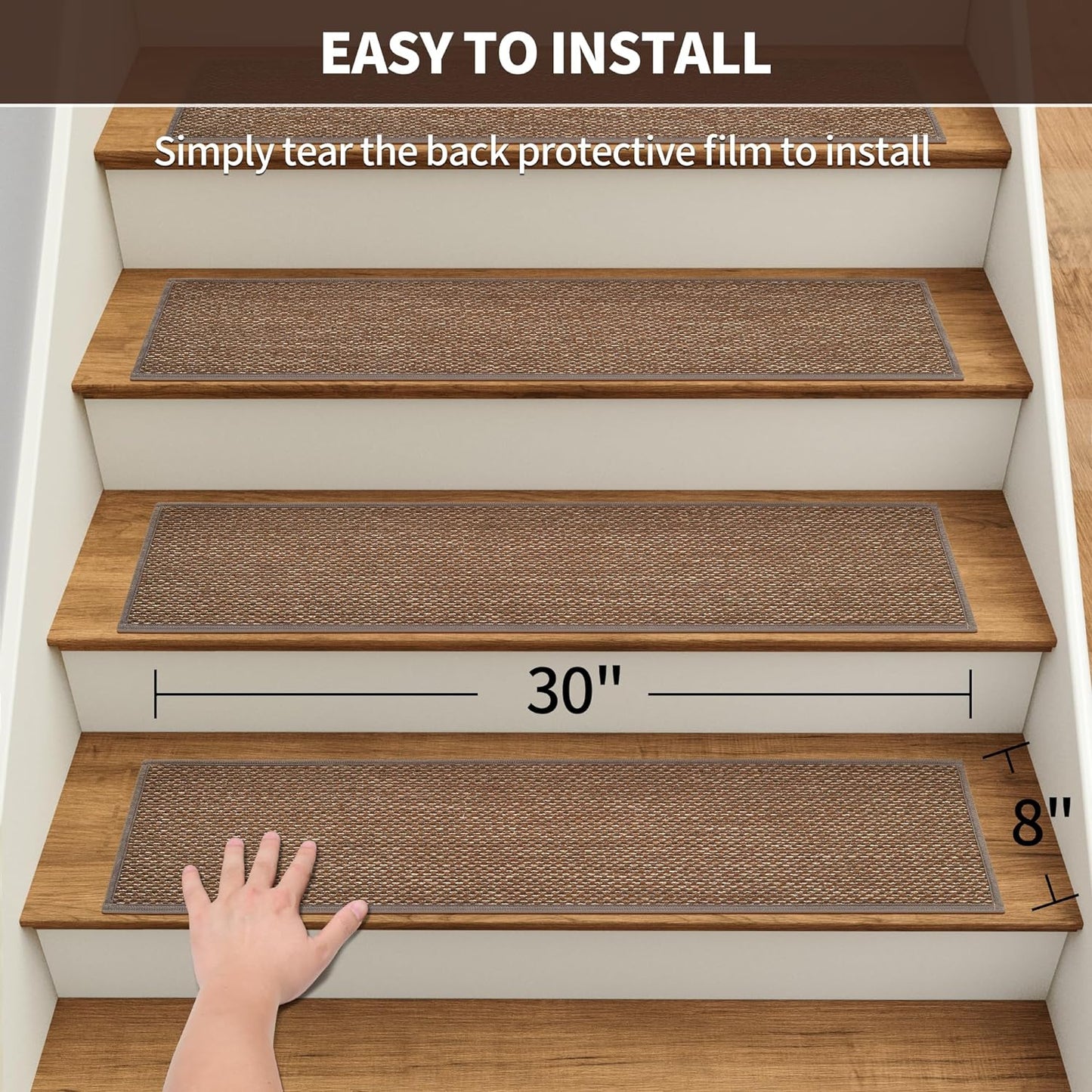 GROWLING Linen Stair Treads for Wooden Steps Indoor 30x8 inch, 15pcs Upgraded Self Adhesive Backing Non Slip Stair Carpets, Peel and Stick Stair Runner Rugs, Reusable Staircase Step Treads(Brown)