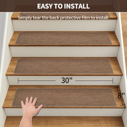 GROWLING Linen Stair Treads for Wooden Steps Indoor 30x8 inch, 15pcs Upgraded Self Adhesive Backing Non Slip Stair Carpets, Peel and Stick Stair Runner Rugs, Reusable Staircase Step Treads(Brown)