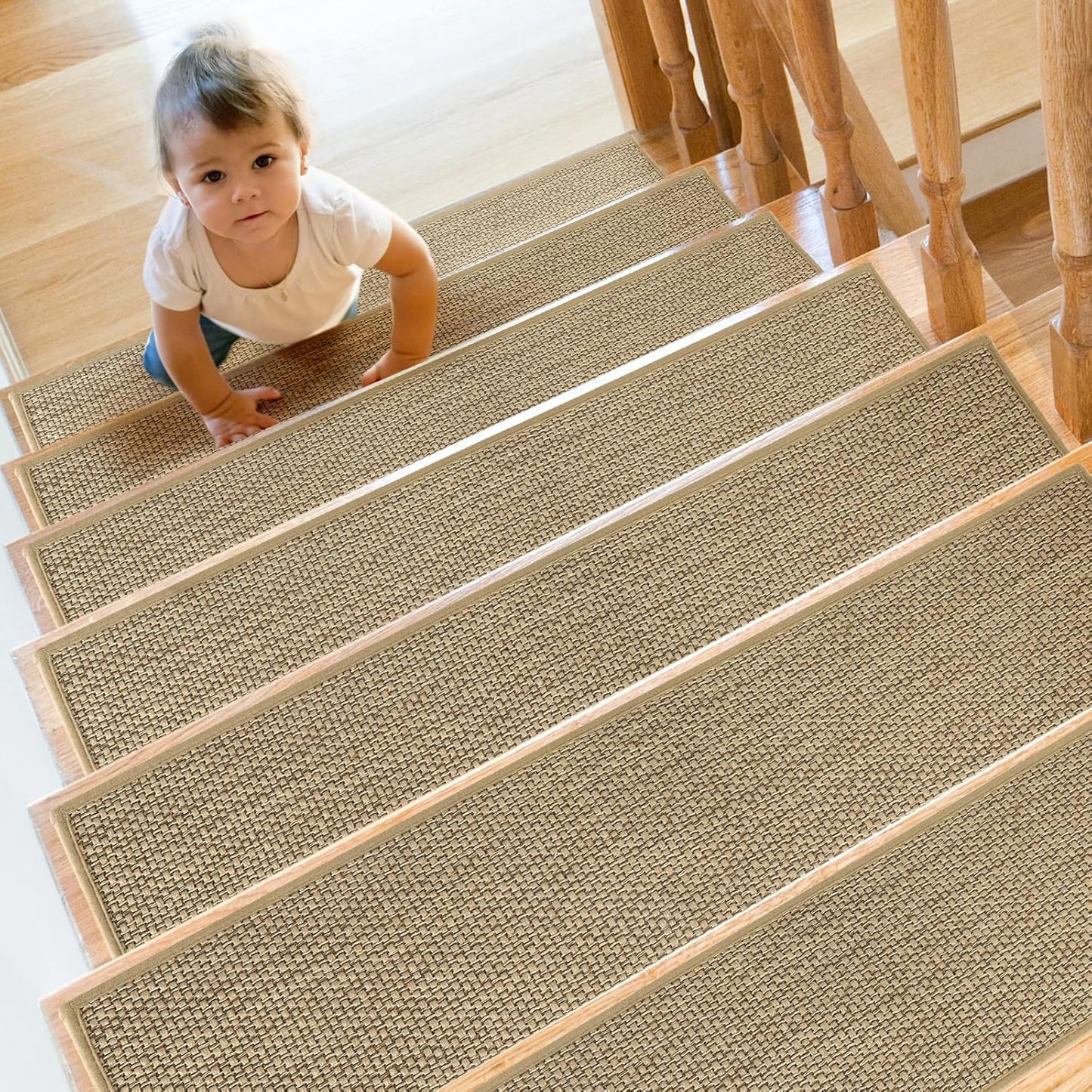 SMILOOL Stair Treads Non Slip for Wooden Steps Indoor 10" x 36" 4 Pack Extra Wide Stair Tread Carpet Stairs Runner, Step Pads with Reusable Adhesive for Dogs Kids Elders, Machine Washable, Beige