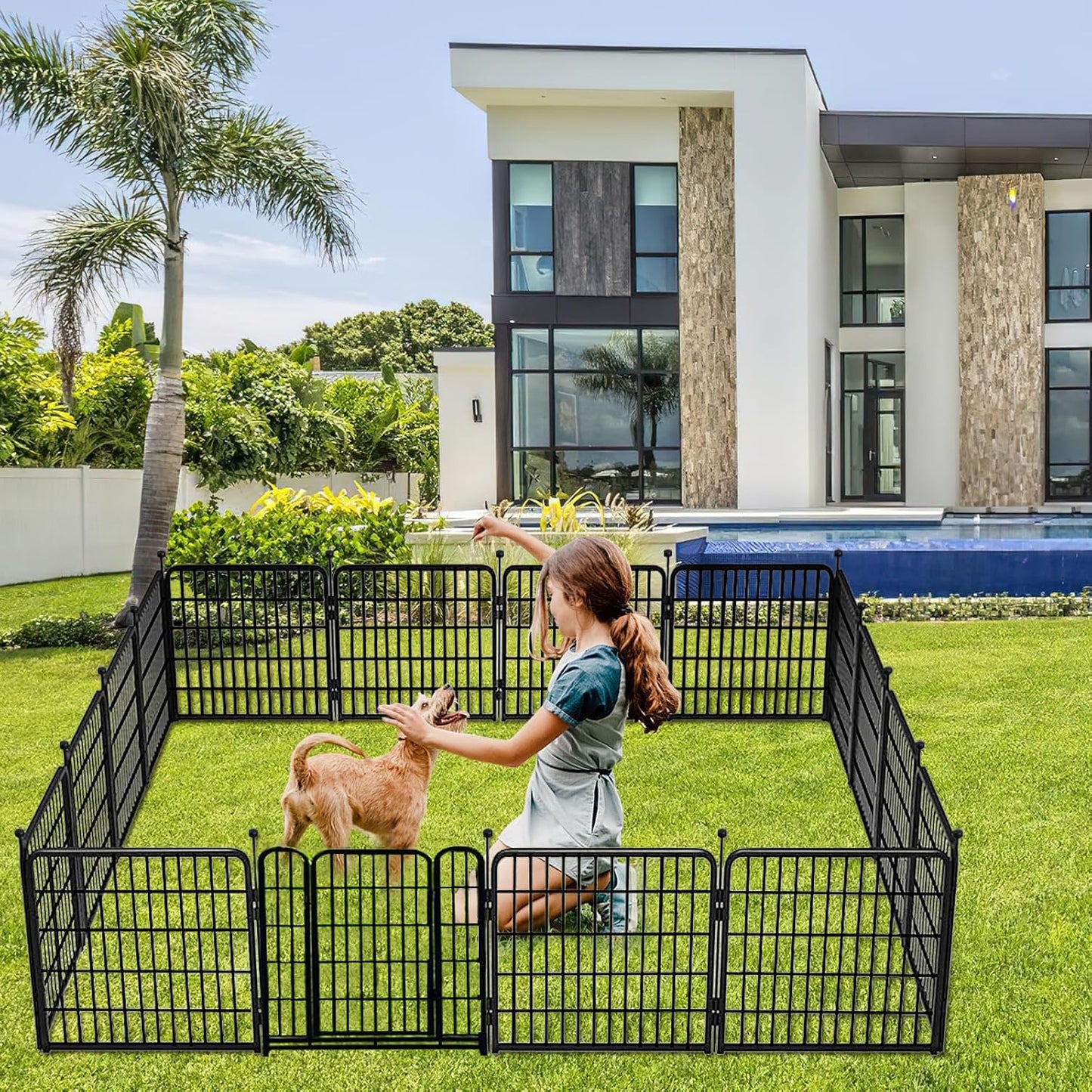 Getlay 36 in(H) Garden Fence, Wide Gate Low Threshold, 10 Panels Total 22.1 Ft(L) Heavy Duty Iron Animal Barrier Fence for Yard,Suitable for Indoor Or Outdoor Dog Fencing,Garden Border Fence