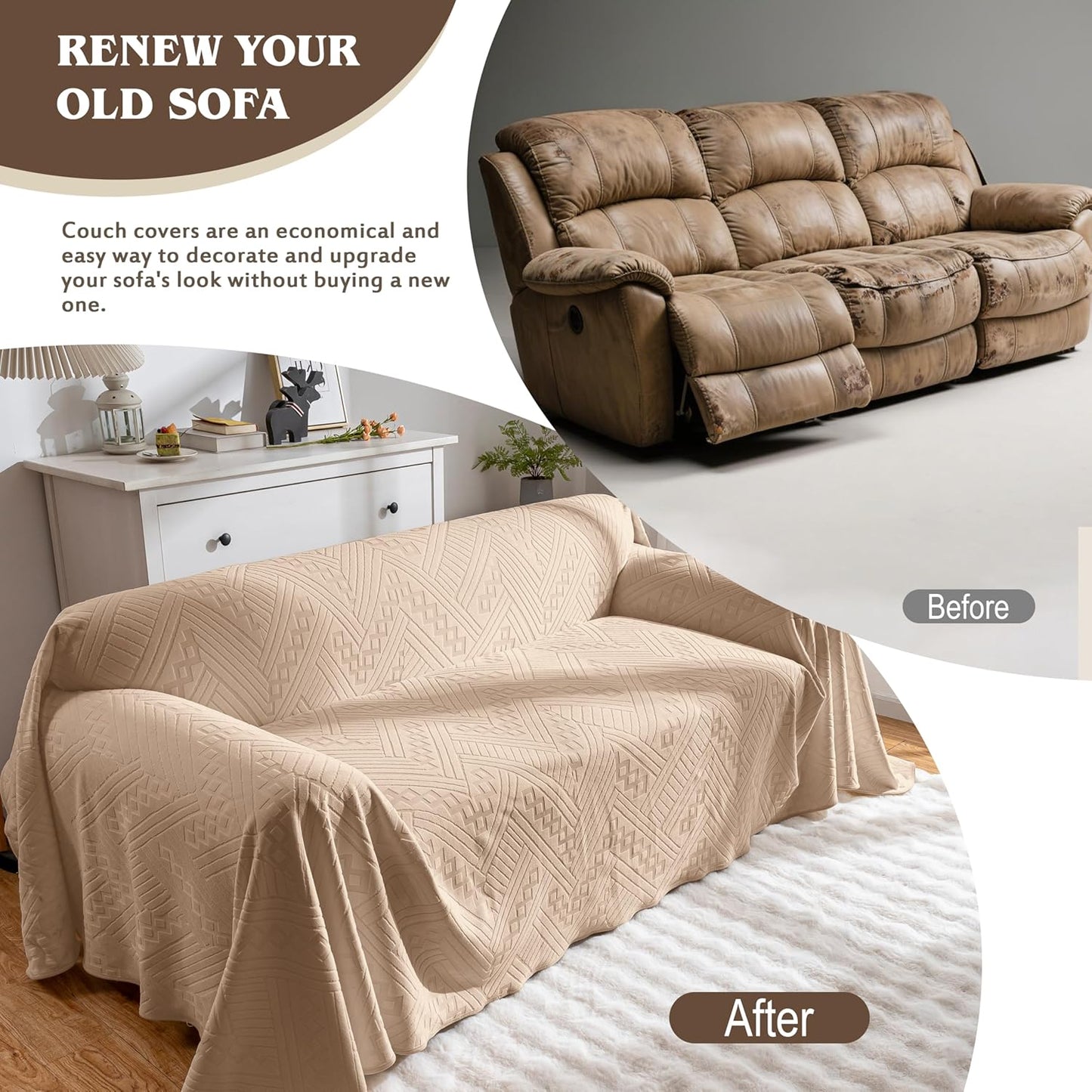 Waterproof Couch Cover, Reversible, Pet-Friendly, Washable and Anti-Slip Couch Covers for Sofa Protection with 3 Cushions, Sofa Slipcovers for Dogs and Cats (71×118in/Brown)