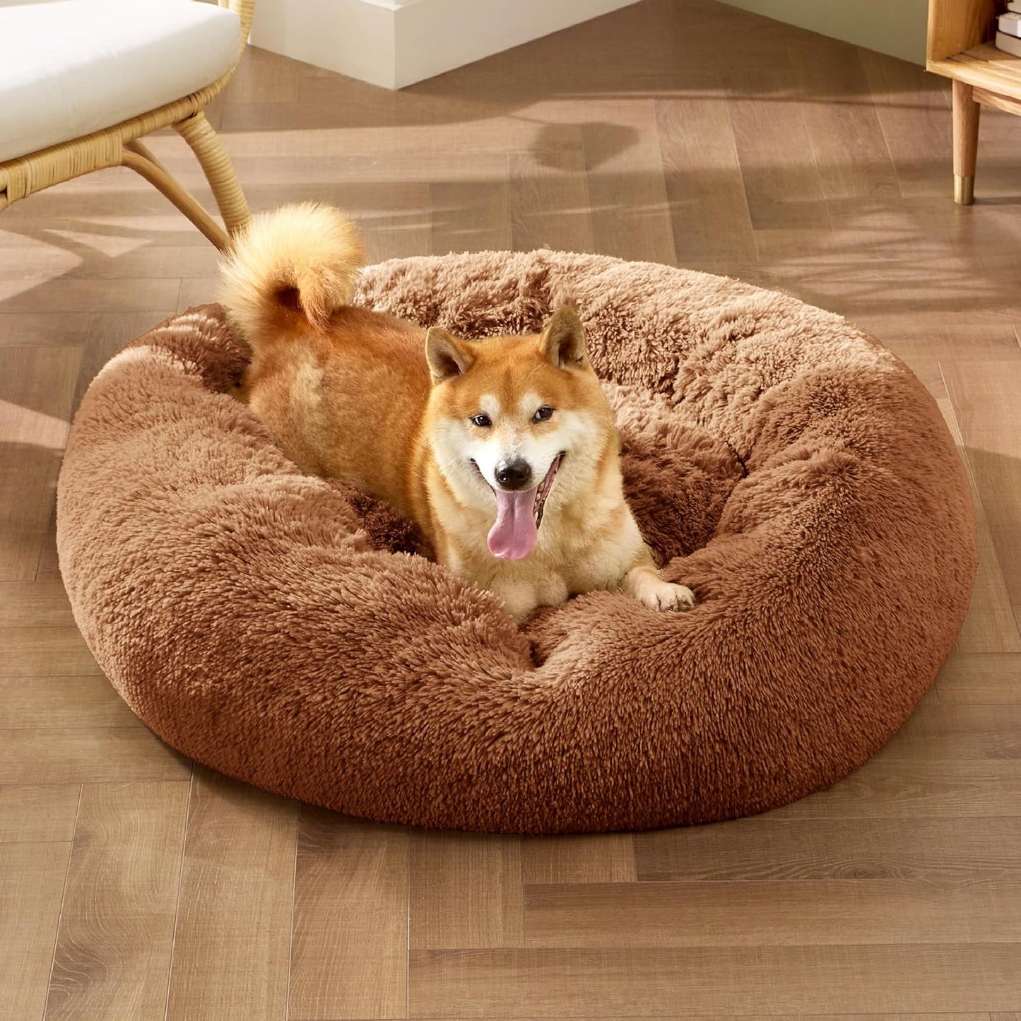 Bedsure Calming Dog Bed Medium Size Dog - Donut Washable Medium Pet Bed, 30 inches Anti-Slip Round Fluffy Plush Faux Fur Cat Bed, Fits up to 45 lbs Pets, Camel