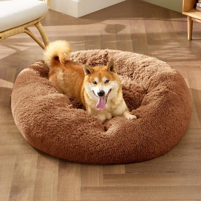 Bedsure Calming Dog Bed Medium Size Dog - Donut Washable Medium Pet Bed, 30 inches Anti-Slip Round Fluffy Plush Faux Fur Cat Bed, Fits up to 45 lbs Pets, Camel