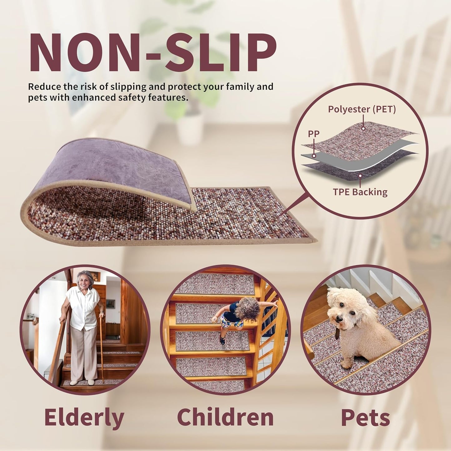 Non-Slip Stair Treads for Wooden Steps 15pcs,8"x30" Stair Carpet Treads for Indoor Use,Peel and Stick Stair Runners,Washable Reusable Adhesive Backing,Pet-Friendly Stair Capet for Kids,Elders,Dogs