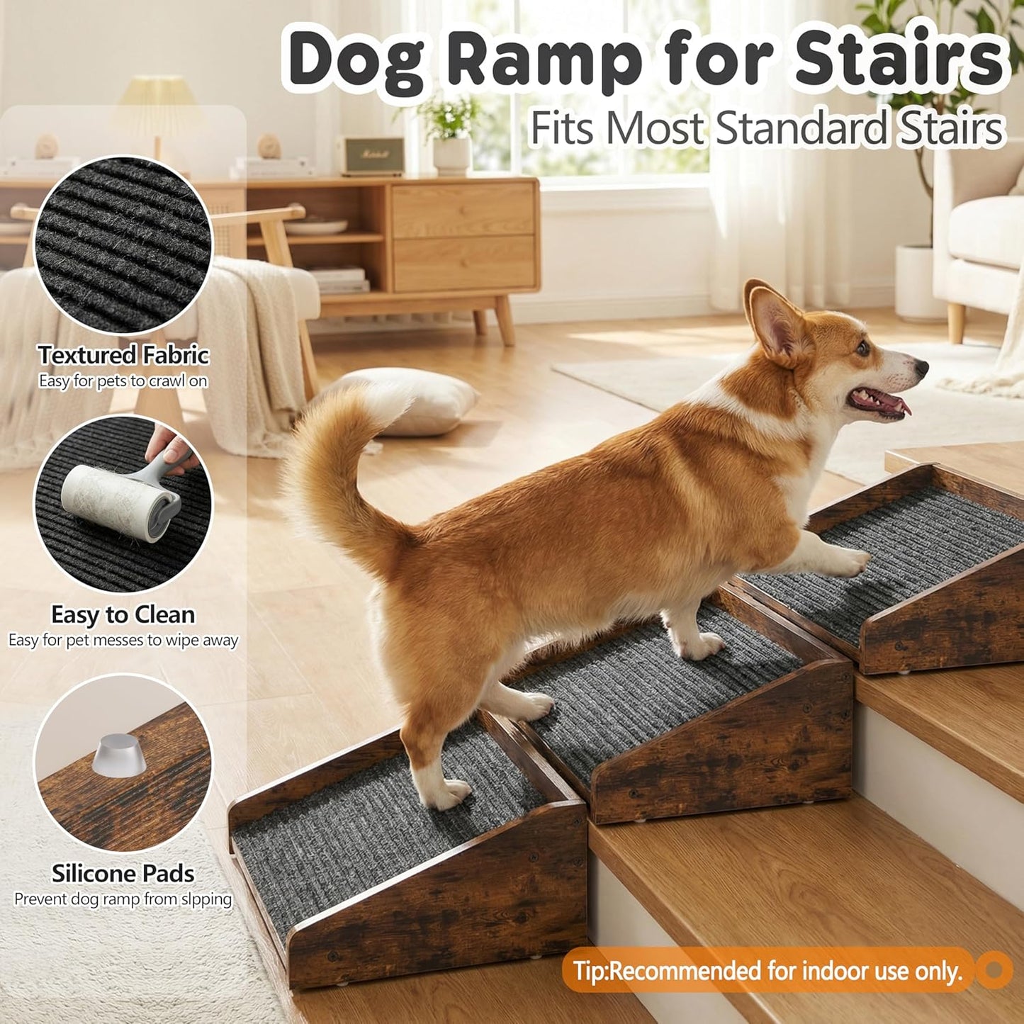 Megidok 2Pcs Low-Angled Wooden Dog Ramp for Stairs, Anti-Slip Carpet Surface Pet Steps, Sturdy Indoor Pet Stairs Ramp for Small Dogs & Cats, Assist for Injured Aged Pets Fits Staircase Steps