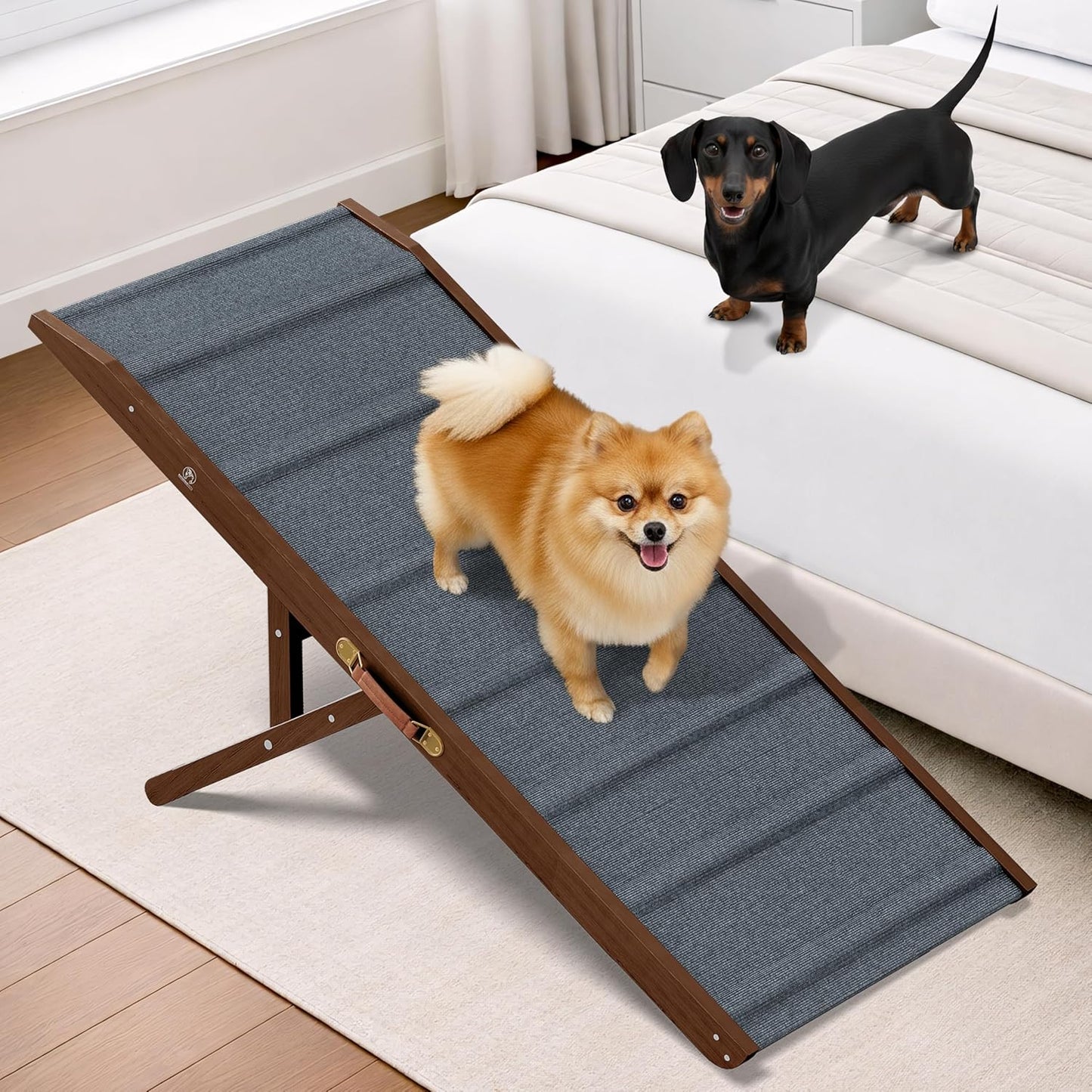 Adjustable Dog Ramp - 50" L x 18.5" W Ramp for Large Dogs to Get on Bed with 6 Incline Levels & Non-Slip Traction Carpet - Also Ideal for Medium & Large Breeds (Natural)