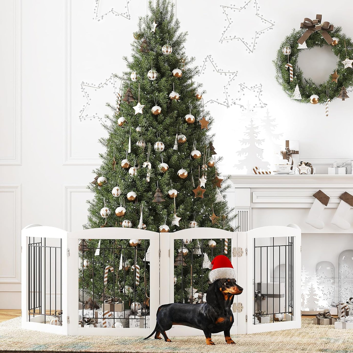 PAWLAND Free Standing Dog Gates for The House Stairs Doorways Indoor Foldable Wooden Small White Puppy Pet Gate Step Over Fence 60" W 24" H 3 Panels