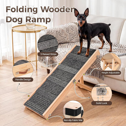 Foldable Dog Ramp for Bed & Couch, Portable Dog Stairs for Small Dogs with 4 Adjustable Heights from 9.25'' to 17.72", Wooden Pet Ramp Steps with Non-Slip Pad for Sofa