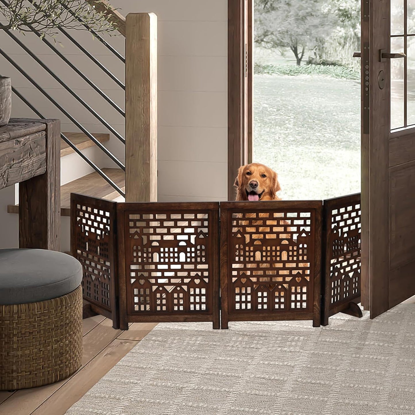 Freestanding Pet Gate for Dogs, Foldable Wooden Dog Gate for House, Indoor Dog Gate for Stair, Doorway, House Design Gates for Dogs Indoor, 72 Inch Wide, (18" x4 Panels 72 inch), Burnt Finish