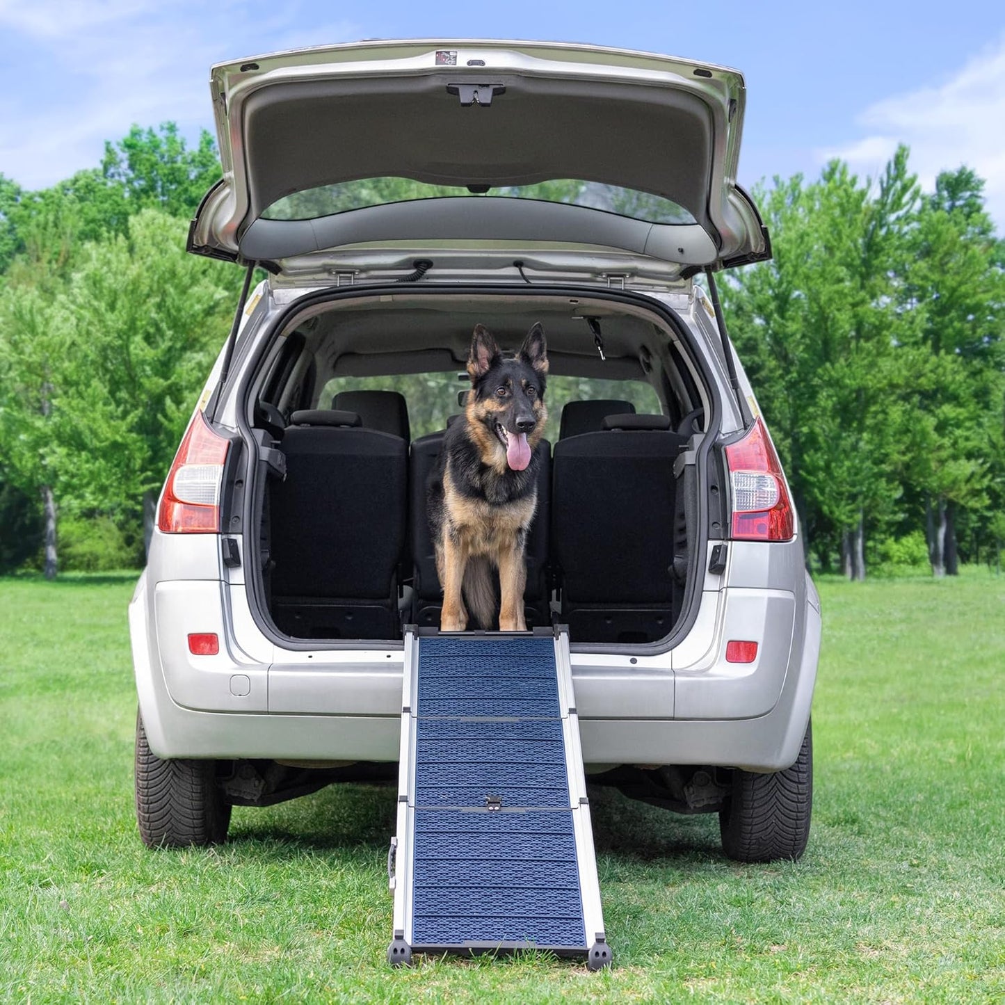 Dog Ramp for Car - Anti-Slip Dog Car Ramp for Large Dogs SUV - Stable 250LBS Capacity - Telescoping Pet Ramp for Car - Portable - Night Safety Reflective Sides - Fixing Clip - Black