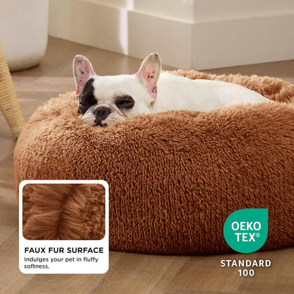 Bedsure Calming Dog Bed Medium Size Dog - Donut Washable Medium Pet Bed, 30 inches Anti-Slip Round Fluffy Plush Faux Fur Cat Bed, Fits up to 45 lbs Pets, Camel