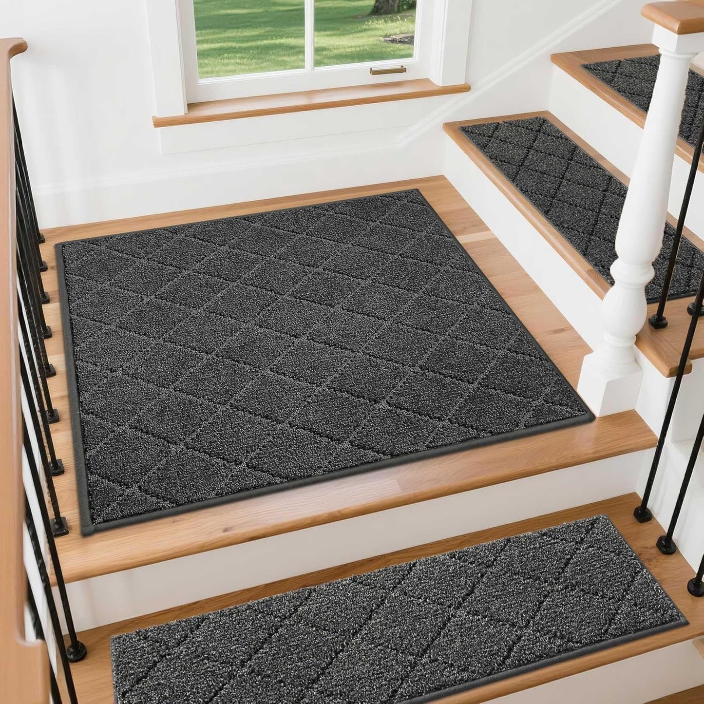COSY HOMEER Edging Stair Treads Non-Slip Carpet Mat 28inX9in Indoor Stair Runners for Wooden Steps, Edging Stair Rugs for Kids and Dogs, 100% Polyester TPE Backing (7pc, Beige)
