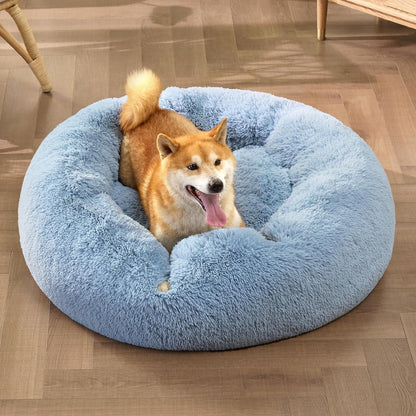 Bedsure Calming Dog Bed Medium Size Dog - Donut Washable Medium Pet Bed, 30 inches Anti-Slip Round Fluffy Plush Faux Fur Cat Bed, Fits up to 45 lbs Pets, Camel