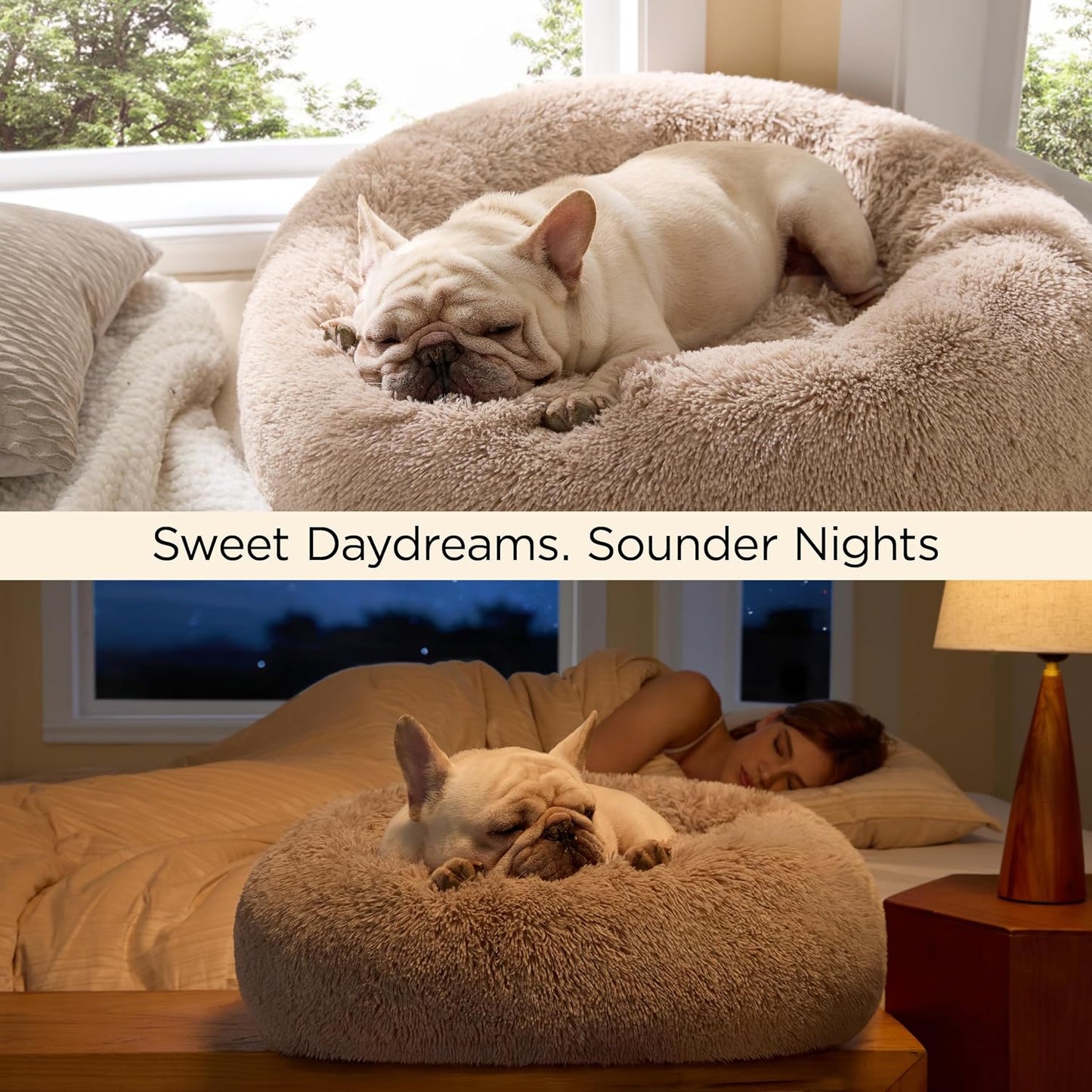 Bedsure Calming Dog Bed Medium Size Dog - Donut Washable Medium Pet Bed, 30 inches Anti-Slip Round Fluffy Plush Faux Fur Cat Bed, Fits up to 45 lbs Pets, Camel
