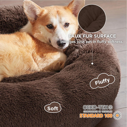 Bedsure Calming Dog Bed Medium Size Dog - Donut Washable Medium Pet Bed, 30 inches Anti-Slip Round Fluffy Plush Faux Fur Cat Bed, Fits up to 45 lbs Pets, Camel