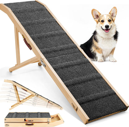 Dog Ramp for Bed, L64 W17 Foldable Pet Ramp for Small Large Dogs Cats, Dog Ramps for High Beds Car, High Traction with Platform 6 Adjustable Heights 24" to 30" Up to 220LBS, Wood