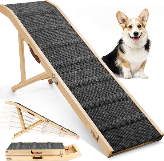 Dog Ramp for Bed, L64 W17 Foldable Pet Ramp for Small Large Dogs Cats, Dog Ramps for High Beds Car, High Traction with Platform 6 Adjustable Heights 24" to 30" Up to 220LBS, Wood