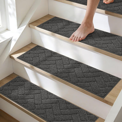 BEQHAUSE Stair Treads for Wooden Steps 28inX9in, Non Slip Carpet Stair Treads Indoor Stair Runners Machine Washable, Soft Stair Rugs Mat Surface Polyester TPE Backing, 4pcs, Charcoal