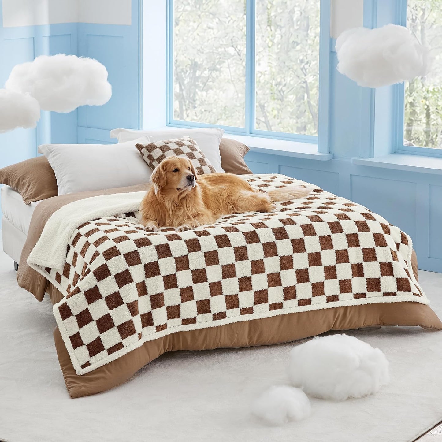 LE SURE Waterproof Dog Blanket for Large Dogs - Washable Double Sided Dog Blankets with Warm Jacquard Shag and Soft Sherpa Fleece, Pet Cat Blanket for Couch Protection, 3D Textured Cloud, Green