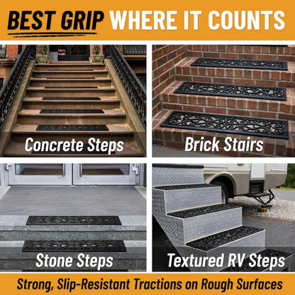Ottomanson Outdoor Rubber Stair Treads – Ribbed Heavy-Duty Non-Slip Stair Mats – Best Grip on Concrete, Brick & Textured Step – Fastening Recommended for Wooden & RV Steps, Pack of 5